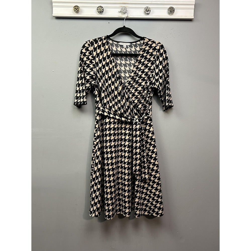 Sandra Darren Dress Womens 10 Black Cream Houndstooth Faux Wrap Elbow Sleeve